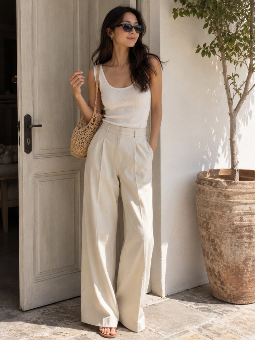 Beige Wide Leg Flared High Waisted Trouser Pants Size 24 Viral Elegant Chic